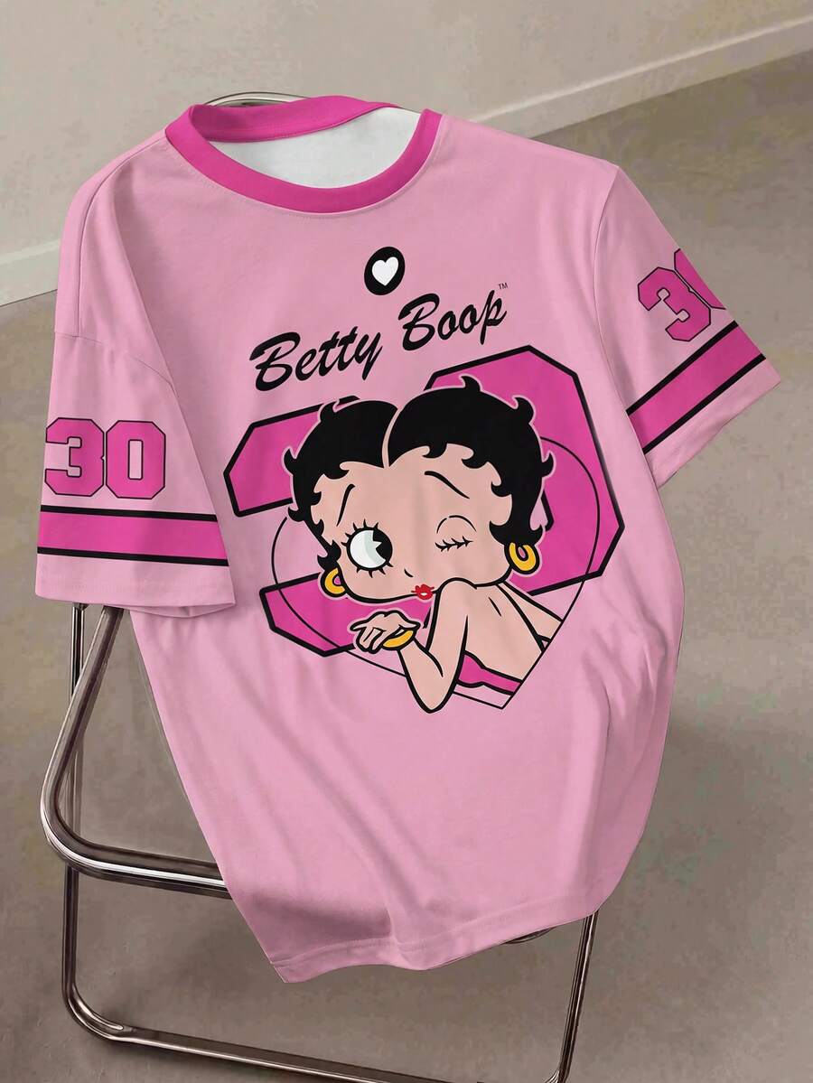 Betty Boop x SHEIN 女士卡通印花圆领短袖休闲T恤 - 白色 - 查看 1