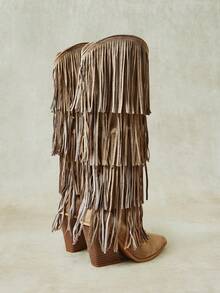 Styleloop 女款膝高靴 編織度假風 波希米亞風 西部風 音樂節穿搭 度假穿搭 旅行必備 - 薑色 - 查看 5