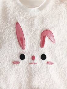 SHEIN Newborn Baby Girl Cute Sweet Style 2 Pieces Set, Knitted Fabric, Beige & Pink & White Striped Color, Shoulder Button Long Sleeve Top With Rabbit Embroidery, Pants With 3D Rabbit Design, Thermal Lined & Thickened, Suitable For Holiday Photos, Outfits, Autumn/Winter, 0-9 Months - White - View 7