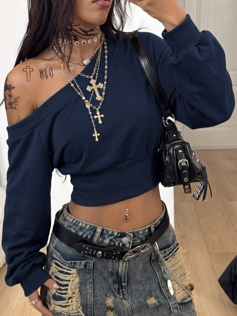 Coolane 女款秋冬街頭風外出基本款露肩短版長袖灰色運動衫 - 藏蓝色 - 查看 1