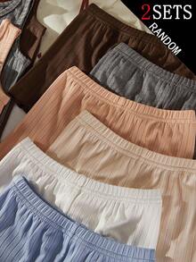 [6 Sets Randomly Send 2 Sets]Young Girl Autumn/Winter Knitted Ribbed Crew Neck Tank Top & Shorts 8-Piece Set, Ribbed Fabric, Grey, Brown, Apricot, Pink, Multicolor, Hot-Selling Casual Base Layer Underwear, 4 Pieces X 2 Sets - Multicolor - View 4