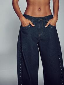 Normani Women's Fashion Studded Button Pocket Loose Fit Denim Jeans Fall Teacher Nightout Pants Navy Blue Y2k Casual - Dark Wash - View 4