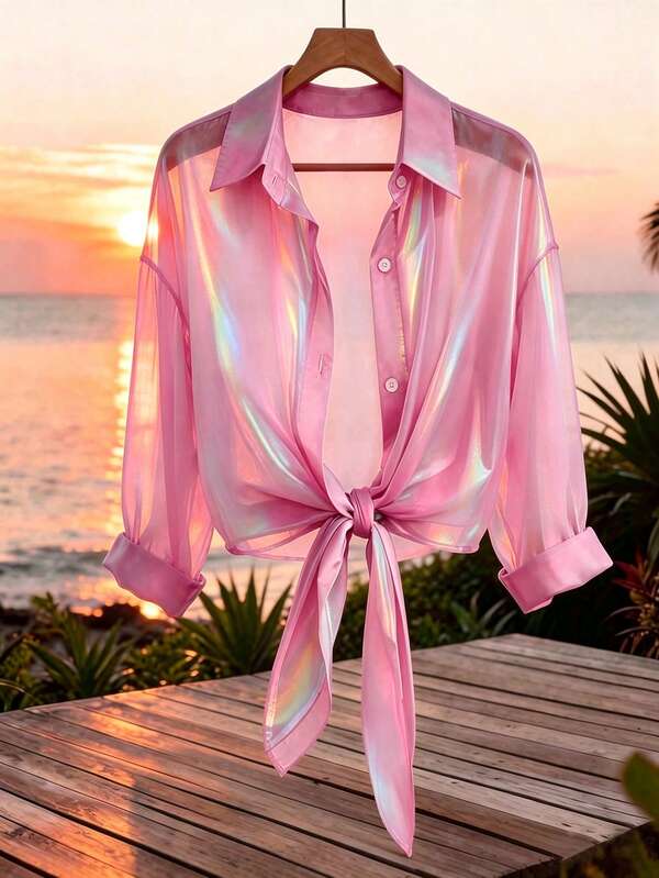 GlowEve Blusa casual de mujer de gasa iridiscente transparente con lazo delantero para vacaciones premium