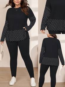 Comfylo Plus Size Women Black And White Top And Leggings Casual Daily Date Night Brunch Vacation 2 Pieces Set Fall Back To School Outfits Office Wear Autumn - Black - View 1