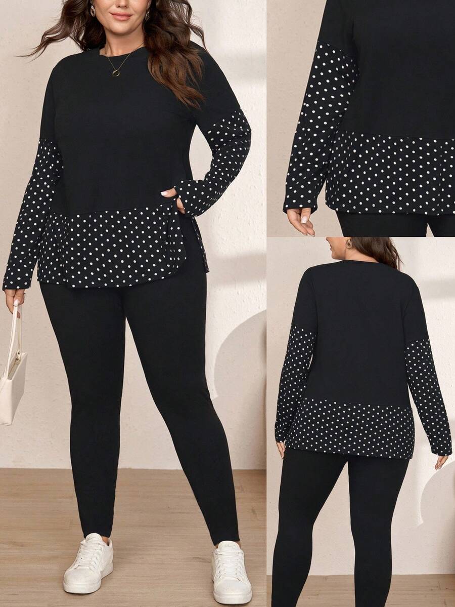 Comfylo Plus Size Women Black And White Top And Leggings Casual Daily Date Night Brunch Vacation 2 Pieces Set Fall Back To School Outfits Office Wear Autumn - Black - View 1
