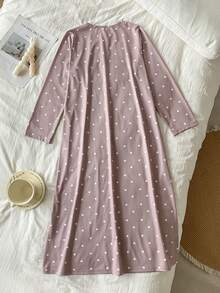 SHEIN Casual Comfortable Polka Dot Print Round Neck Half-Button Long Sleeve Nightgown - Khaki - View 2