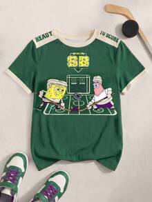 SpongeBob SquarePants | SHEIN Tween Boy Colorblock Letter & Cartoon Print Crew Neck Short Sleeve T-Shirt - White - View 1