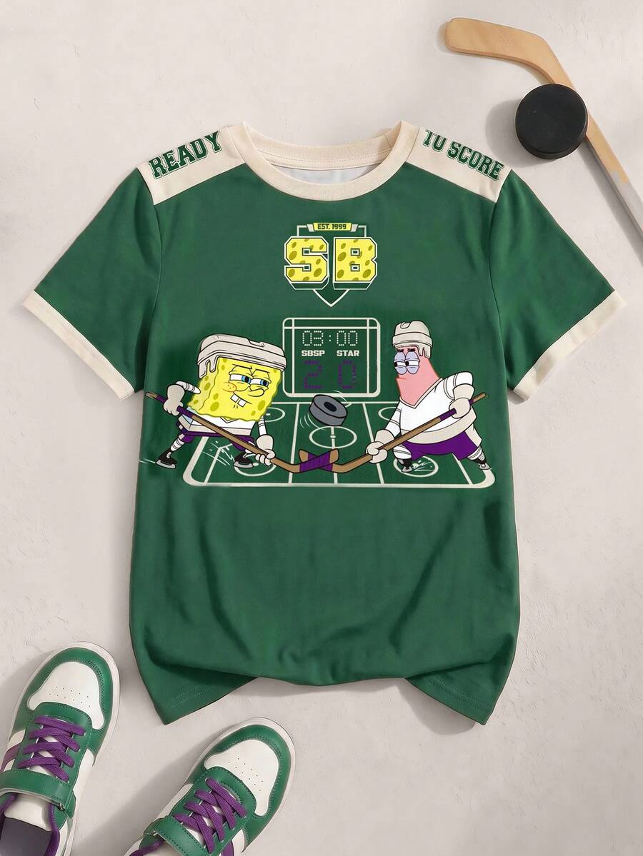 SpongeBob SquarePants | SHEIN Tween Boy Colorblock Letter & Cartoon Print Crew Neck Short Sleeve T-Shirt - White - View 1