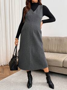 SHEIN Gaun Tanpa Lengan Hamil Warna Polos Leher V dengan Belahan Samping di Bagian Bawah - Dark Grey - View 4