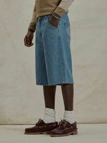 Musero Oversized Crop Length Zip Through Shorts Branded Embroided Patch - Medium Wash - View 5