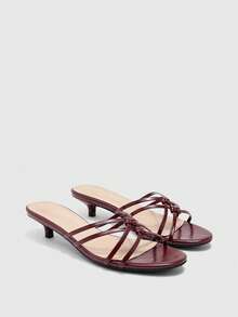 CUCCOO BIZCHIC Women's Burgundy Thin Strap Woven Kitten Heel Sandals, Round Toe Open Toe Knot Geometric Pattern Low Heel, Summer Casual Commute Versatile - Burgundy - View 1