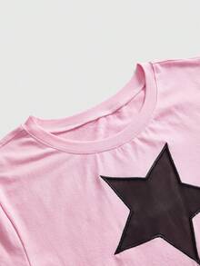 ROMWE Grunge Punk 大尺碼 Y2K 龐克五角星鏤空設計性感修身 T-shirt 素色百搭 - 粉色 - 查看 3