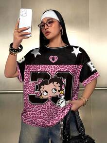 Betty Boop x SHEIN 大码女式圆领短袖T恤，可爱日常款 - 白色 - 查看 1