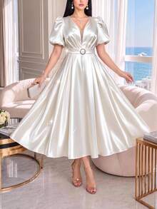 SHEIN Lady Plus Size French Style 70's Elegant Soft Satin Metal Buckle Ruched Waist Dress Wedding Evening Formal Mother Of The Bride Party All White Summer - White - View 1