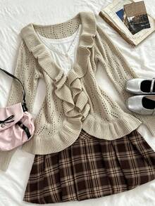 Elamini Sweet Style Ruffle Trim Knit Cardigan, Early Autumn Hollow Out Lace-Up Sweater Jacket, Solid Color V-Neck Versatile Top - Cream - View 7
