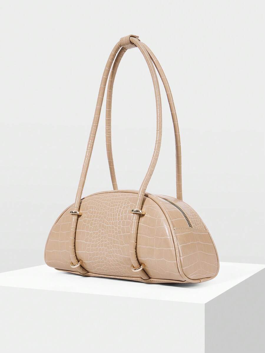 MOTF WOMEN'S FASHION RETRO APRICOT CROCODILE PATTERN SHOULDER BAG, SIMPLE AND CHIC HALF-MOON BAG, FOR DAILY, COMMUTING, SHOPPING, TRAVEL, FESTIVALS - Apricot - View 2