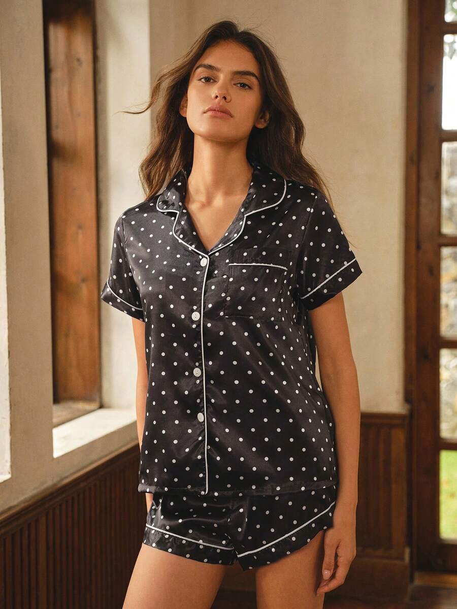 Bisouelle Polka Dot Print Casual Versatile Short Sleeve Shirt And Shorts Button Set - Black and White - View 1