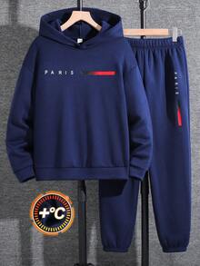SHEIN 2件組青少年男孩海軍藍保暖內裡連帽衛衣圖案印花慢跑褲套裝，返校秋季款 - 寶藍色 - 查看 7