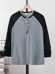 SHEIN Teen Boy Teen Boy Casual Black And Gray Color-Blocked Half-Open Pullover Long-Sleeved T-Shirt - Multicolor - View 3