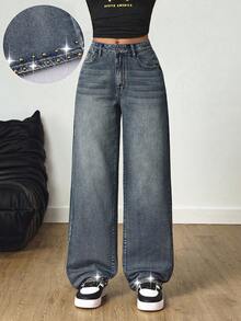 SHEIN Tall Y2K Casual Tall Fashion Street Vintage Rivet Washed Straight Leg Jeans Everyday School Blue Summer - Dark Wash - View 1