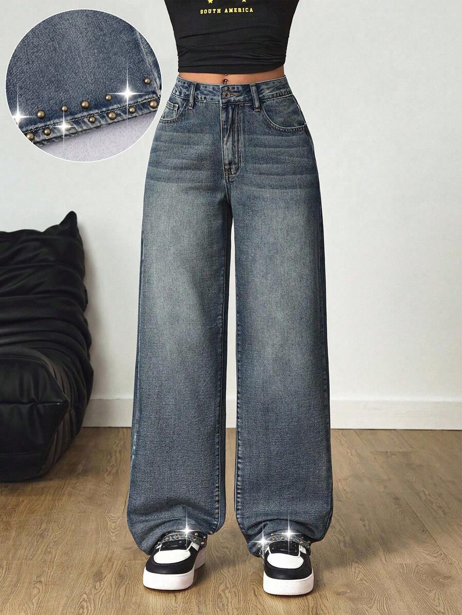 SHEIN Tall Y2K Casual Tall Fashion Street Vintage Rivet Washed Straight Leg Jeans Everyday School Blue Summer - Dark Wash - View 1