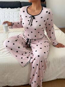 Napfluff CURVE Napfluff CURVE Polka Dot Print Long Sleeve Long Pants Plus Size Pajama Set - Coral Pink - View 5