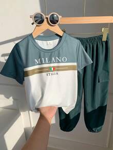 SHEIN Kids Boys New Casual Minimalist Style Letter Print Round Neck Short Sleeve & Long Pants 2-Piece Set, Suitable For Summer, Spring, Autumn, Winter, Blue - Multicolor - View 7