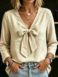 Linhara CURVE Plus Size Khaki Shirt With Bow Tie Detail, Long Sleeve V-Neck Loose Fit Fashion Versatile Casual Comfortable Spring Autumn Daily Design Base Layer - Khaki - View 3