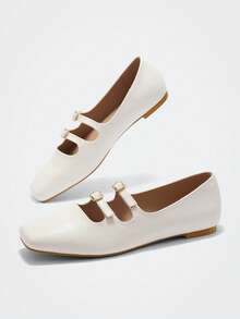 Maija Women's Fashion Simple Strap Buckle Square Toe Elegant Flat Ballet Shoes - White - View 3