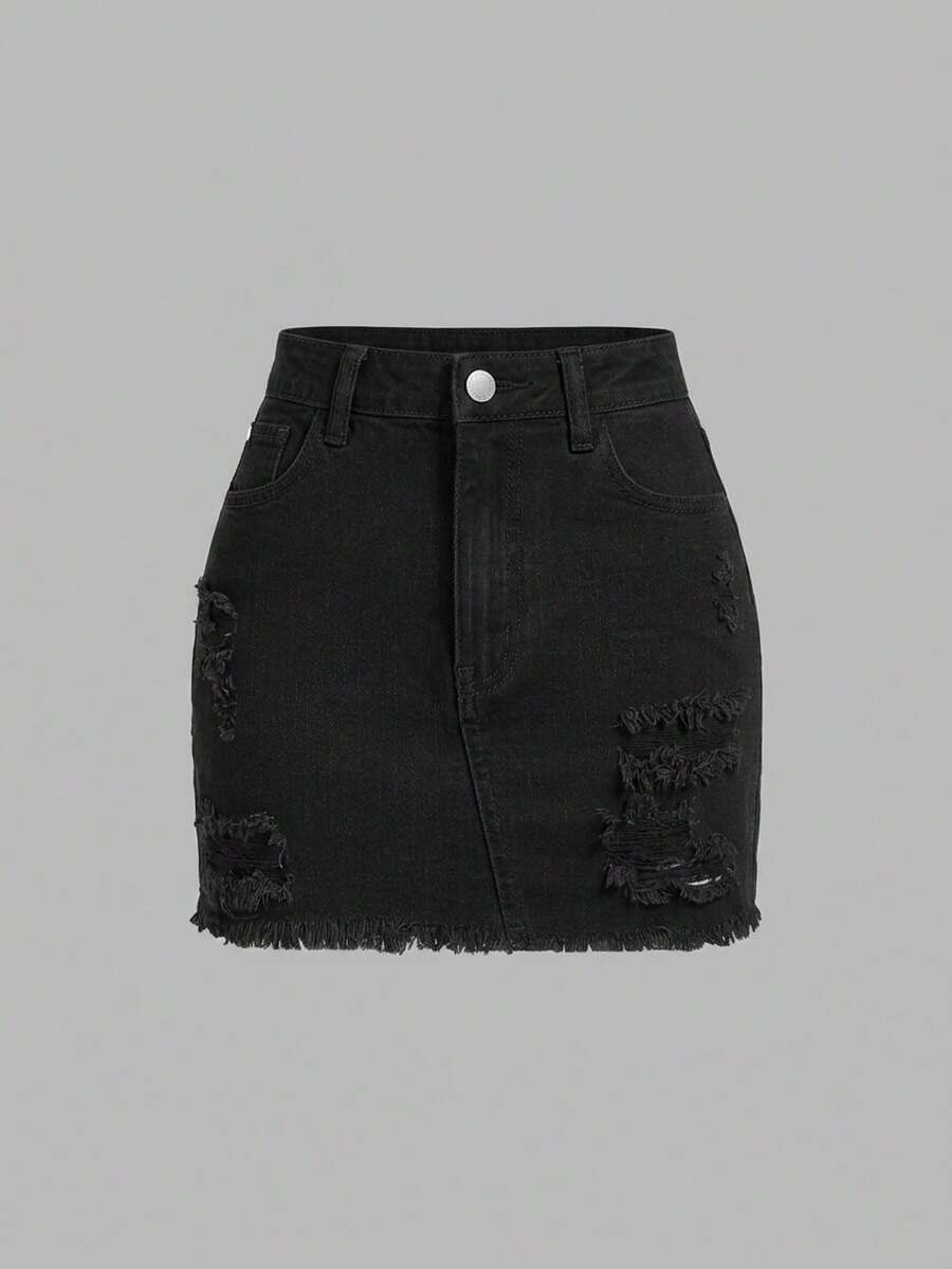 SHEIN EZwear 大尺碼女款休閒百搭牛仔迷你裙,附口袋、鈕扣與做舊設計,適合日常穿著 - 黑色 - 查看 1