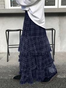 Dazy Tall Women's Plaid Long Casual Skirt Cute Tops - Navy Blue - View 2