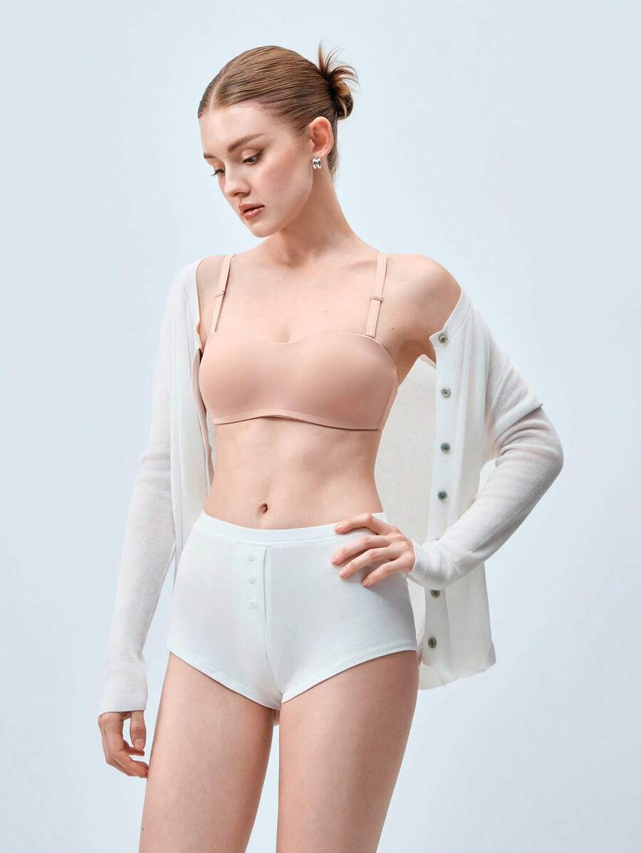 Softvol 1件女款舒適休閒無鋼圈性感柔軟輕盈半罩杯素色Bralette內衣,可調節肩帶 - 杏色 - 查看 1