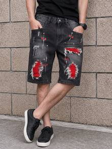 Manfinity LEGND Men's Casual Daily Travel Denim Shorts With Pocket, Button And Distressed Design - Black - View 5