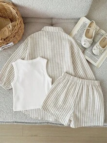 SHEIN LMoss Kids 少女編織條紋休閒襯衫 + 針織素色背心 + 短褲 3件套裝 - 米色 - 查看 7