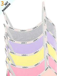7 Sets Aleatorios de 3 Piezas Conjunto de Camiseta de Tirantes con Letras en Contraste de unicolor Básico Simple & Conjunto de Ropa Interior de Shorts para Niñas Adolescentes - Multicolor - Ver 4
