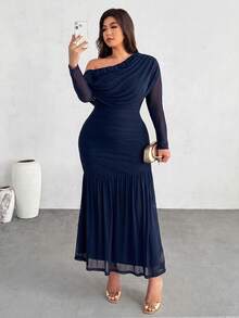 Firerie Plus Size Elegant Solid Color Cold Shoulder Halter Neck Dress Fall - Blue - View 5