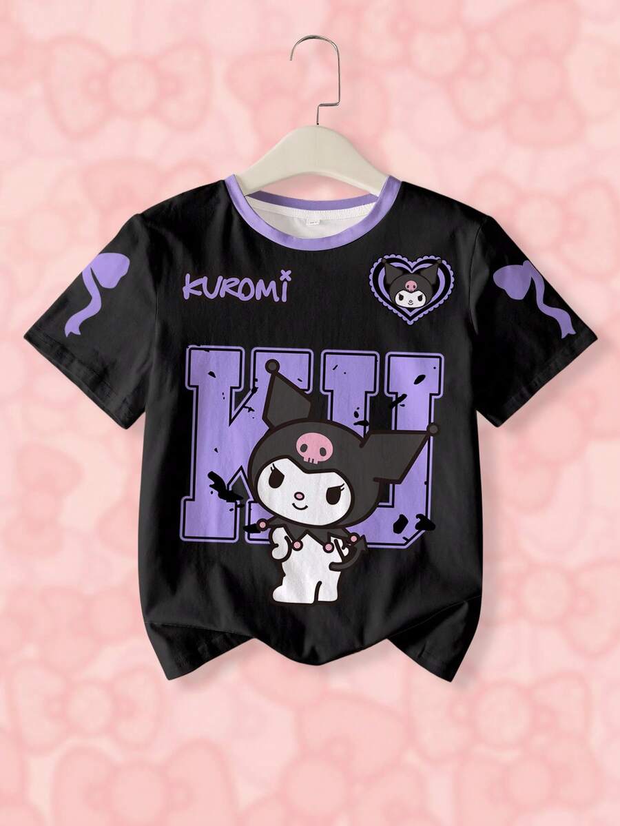 HELLO KITTY AND FRIENDS | SHEIN 少女卡通字母印花短袖T恤 - 白色 - 查看 1