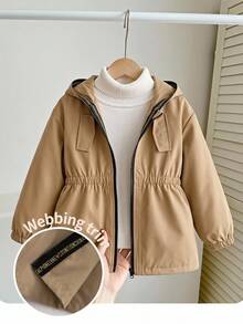 SHEIN 女嬰編織素色連帽收腰休閒長款秋冬大衣 - 駝色 - 查看 3