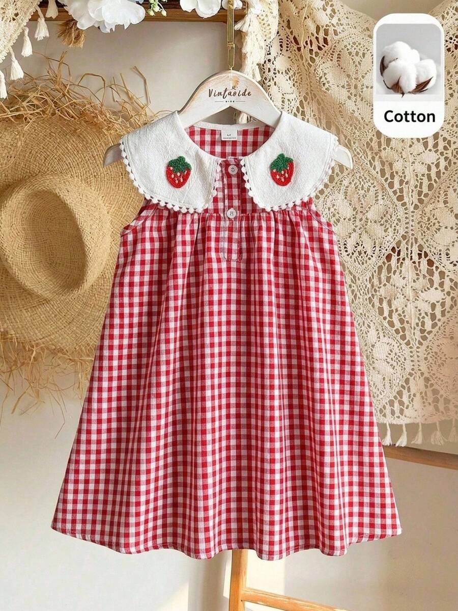 SHEIN Girls' Casual Red Plaid Dress With Cute 3D Strawberry And Ruffle Trim, Square & Round Collar, Open Chest, Sweet Elegant Style For Daily Wear, Vacation And Commute - Red and White - View 1
