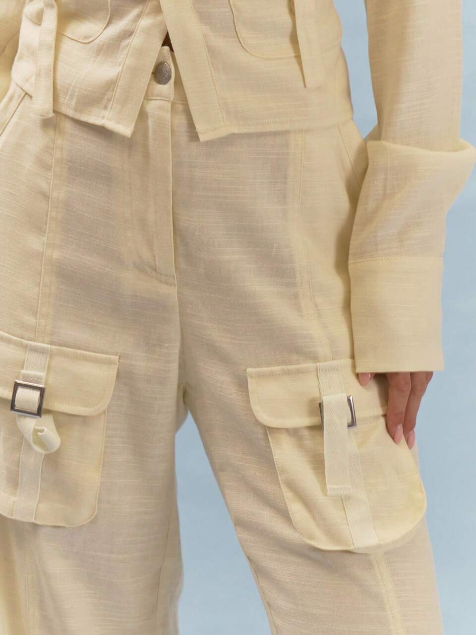 Butter Yellow Cargo Flap Buckle Pocket Straight Leg Trousers