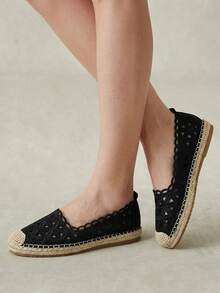 Styleloop Ladies Black Summer Handmade Embroidered Thread Floral Hollow Hemp Rope Espadrilles Flats, Bohemian Style, Casual Vacation, Comfortable Commuter Fall Shoes - Black - View 11