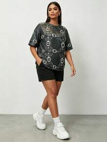 BamGleam Plus Size Women's All-Over Print Crew Neck Short Sleeve T-Shirt Music Festivals Black White Summer 90s Casual Going Out Formal - Black - View 6