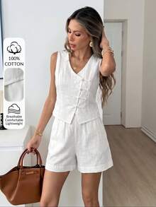 Easowa Vest Shirt And Diagonal Pocket Elastic Waist Wide Leg Shorts 5-Point Pants Set, 100% Cotton Traceable Cotton Fabric,Autumn/Winter Women's 2-Piece Set - White - View 1