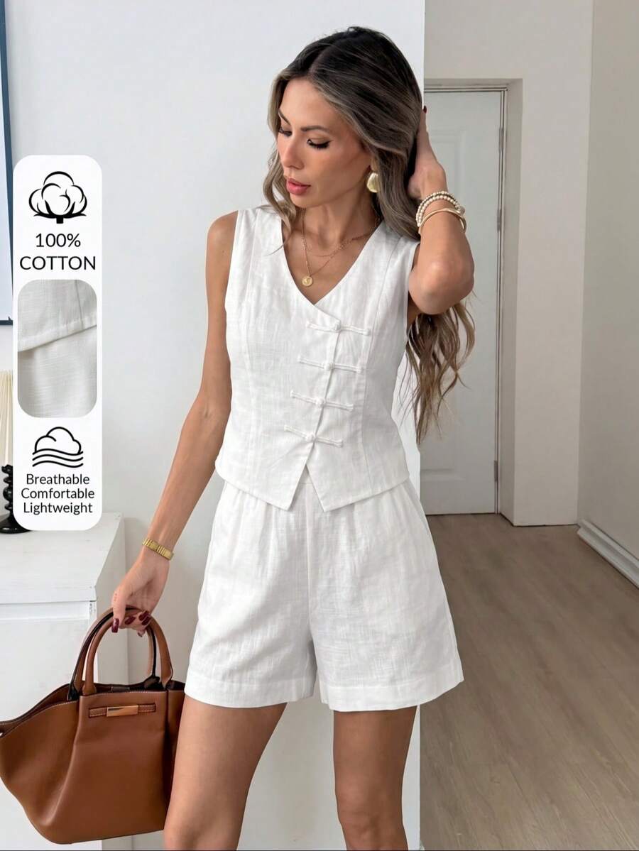 Easowa Vest Shirt And Diagonal Pocket Elastic Waist Wide Leg Shorts 5-Point Pants Set, 100% Cotton Traceable Cotton Fabric,Autumn/Winter Women's 2-Piece Set - White - View 1