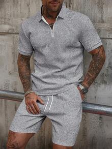 Manfinity Homme 男士短袖 Polo 衫與短褲套裝 - 淺灰色 - 查看 4