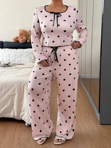 Napfluff CURVE Napfluff CURVE Polka Dot Print Long Sleeve Long Pants Plus Size Pajama Set - Coral Pink - View 7