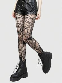 ROMWE Goth 1 par de medias de red con diseño de telaraña, Halloween - Negro - Ver 3