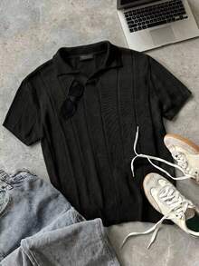 SHEIN 青少年男孩休閒街頭風百搭舒適紋理短袖針織POLO衫，適合通勤、上學、日常休閒、度假、旅行、運動，適用春夏季節 - 黑色 - 查看 1