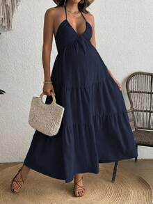 Cheriluna Maternity Comfortable Halter Neck Backless Maternity Dress - Navy Blue - View 1