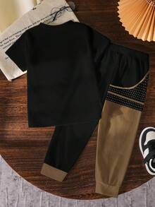 SHEIN Color Block Line Design, Printed Short Sleeve Crew Neck T-Shirt With Long Pants, Fashionable Outfit Suitable - Multicolor - View 2